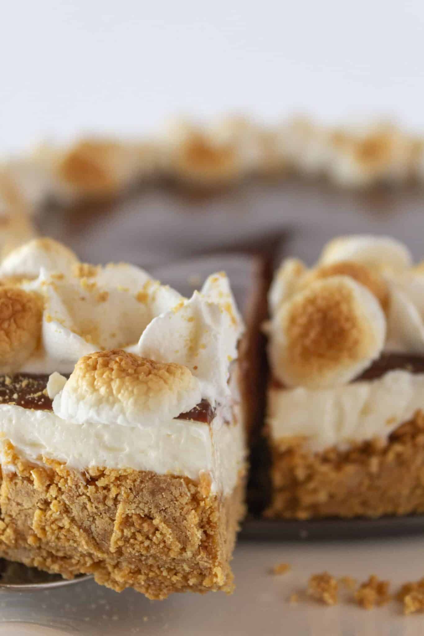 Serving a slice of No Bake S'mores Cheesecake.