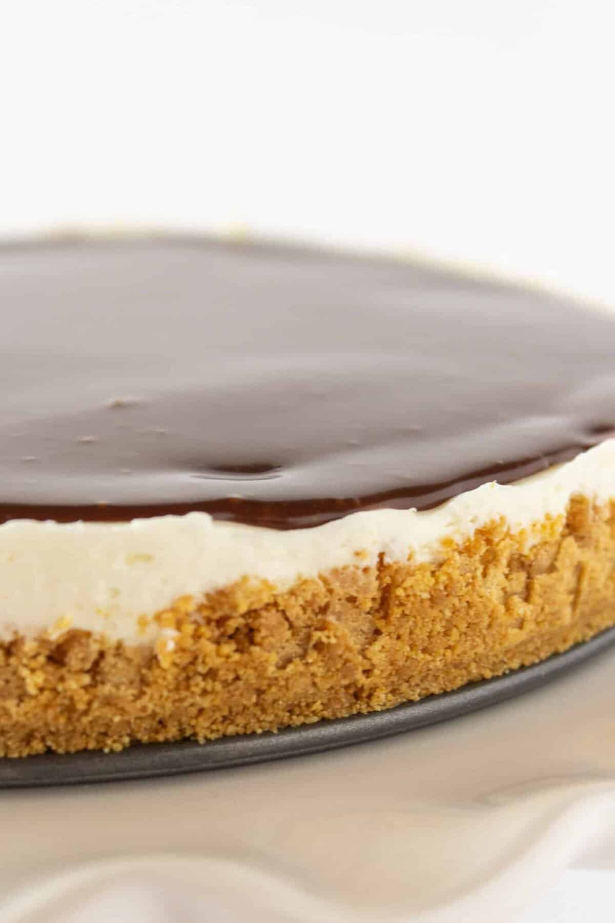 No Bake S'mores Cheesecake with chocolate ganache, roasted marshmallows and graham crumbs.