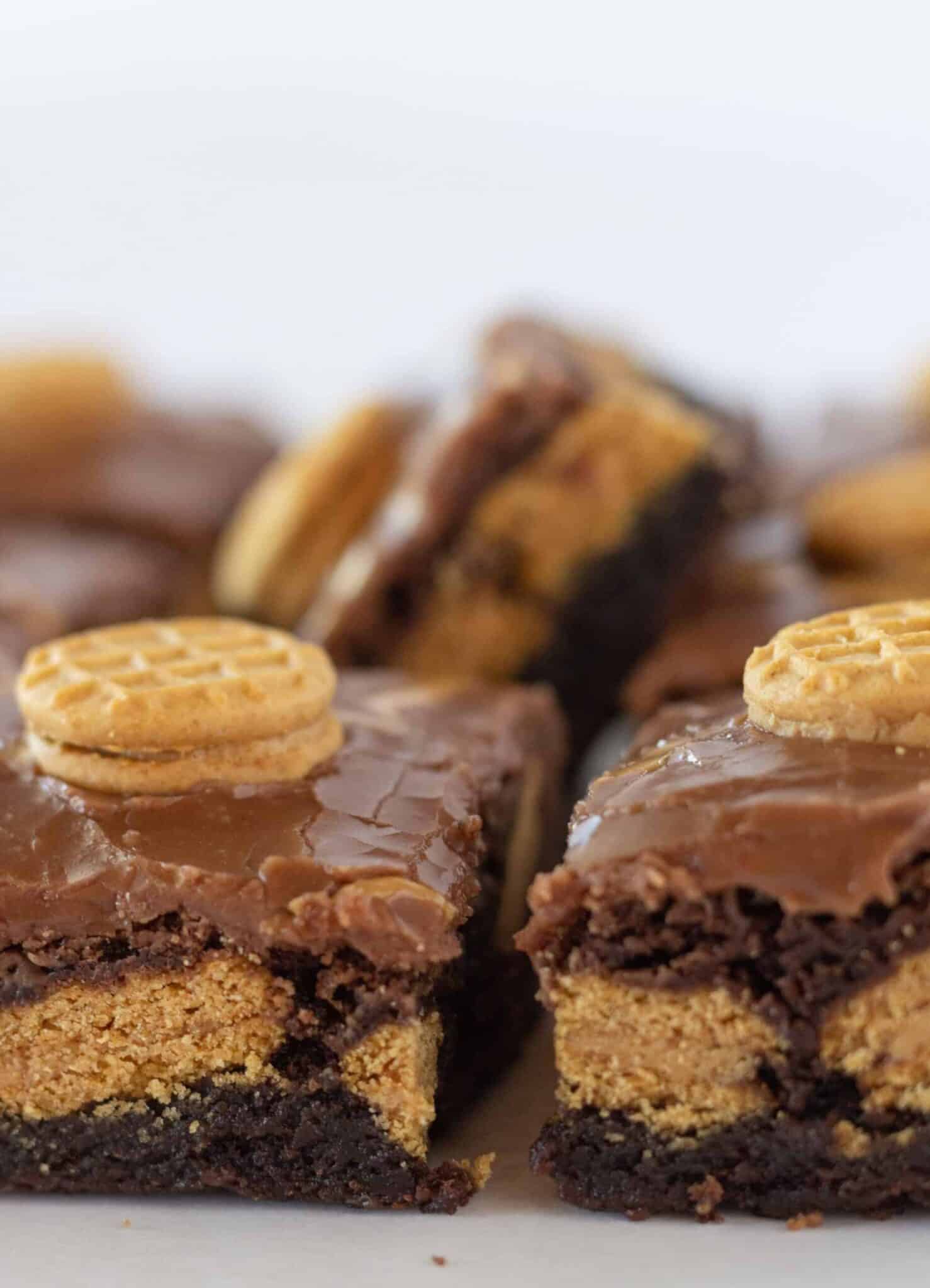 Easy Nutter Butter Brownies on a white tray and ready to serve.