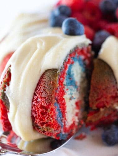 Red White and Blue Velvet Bundt Cake Recipe with a Cake Mix, an Easy 4th of July Dessert Idea featured by top US dessert blogger, Practically Homemade