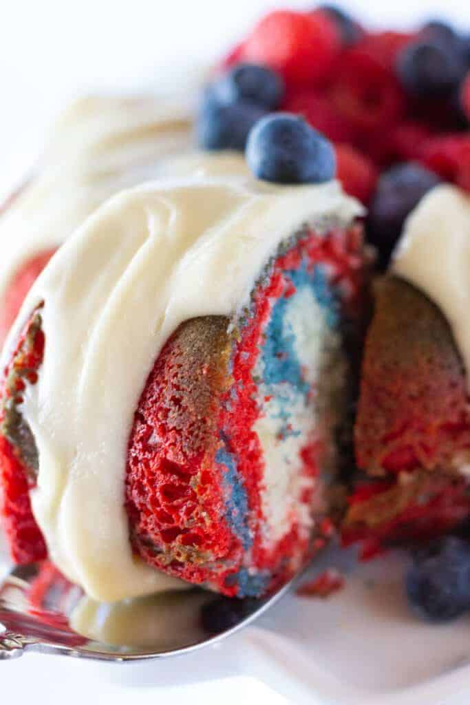 Red White and Blue Velvet Bundt Cake Recipe with a Cake Mix, an Easy 4th of July Dessert Idea featured by top US dessert blogger, Practically Homemade