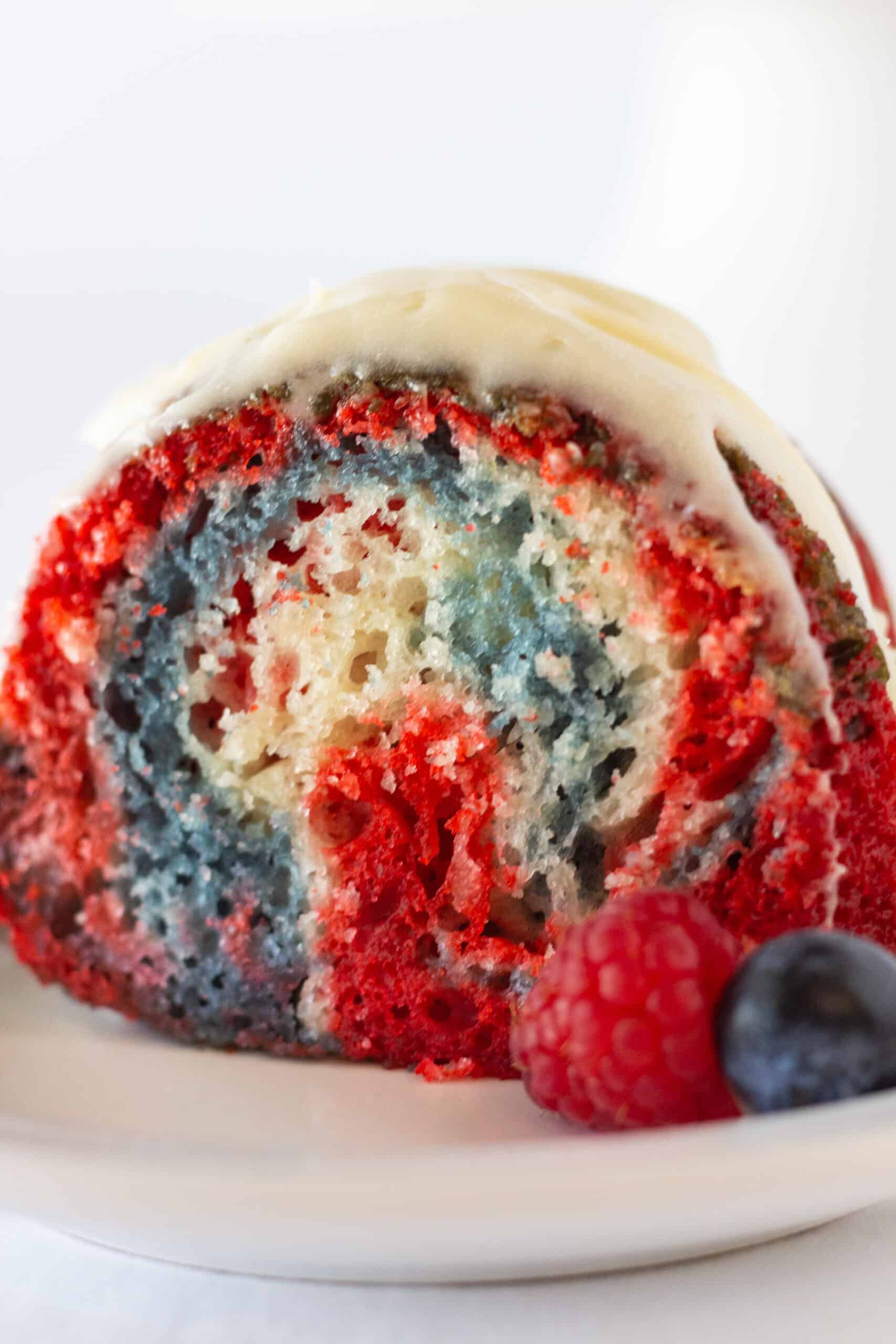 Red White and Blue Velvet Bundt Cake Recipe with a Cake Mix, an Easy 4th of July Dessert Idea featured by top US dessert blogger, Practically Homemade