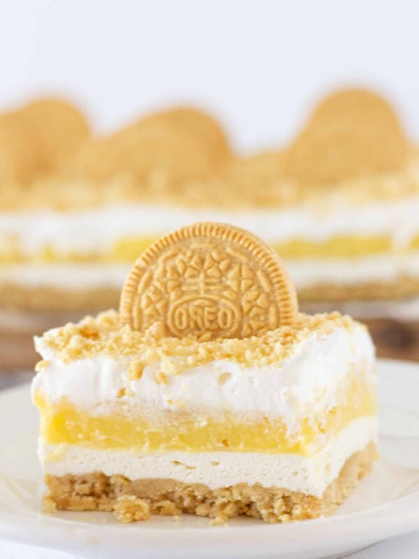 Golden Oreo Lasagna Recipe featured by top US dessert blogger, Practically Homemade