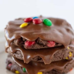 M & M Sheet Cake Cookies Recipe with a Cake Mix featured by top US cookies blogger, Practically Homemade