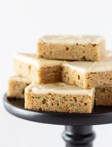 Zucchini Bars Recipe with Cream Cheese Frosting featured by top US dessert blogger, Practically Homemade