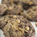Chocolate cake mix cookies with swirls of peanut butter and peanut butter chips.