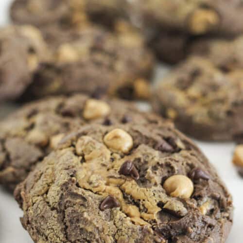 Chocolate cake mix cookies with swirls of peanut butter and peanut butter chips.