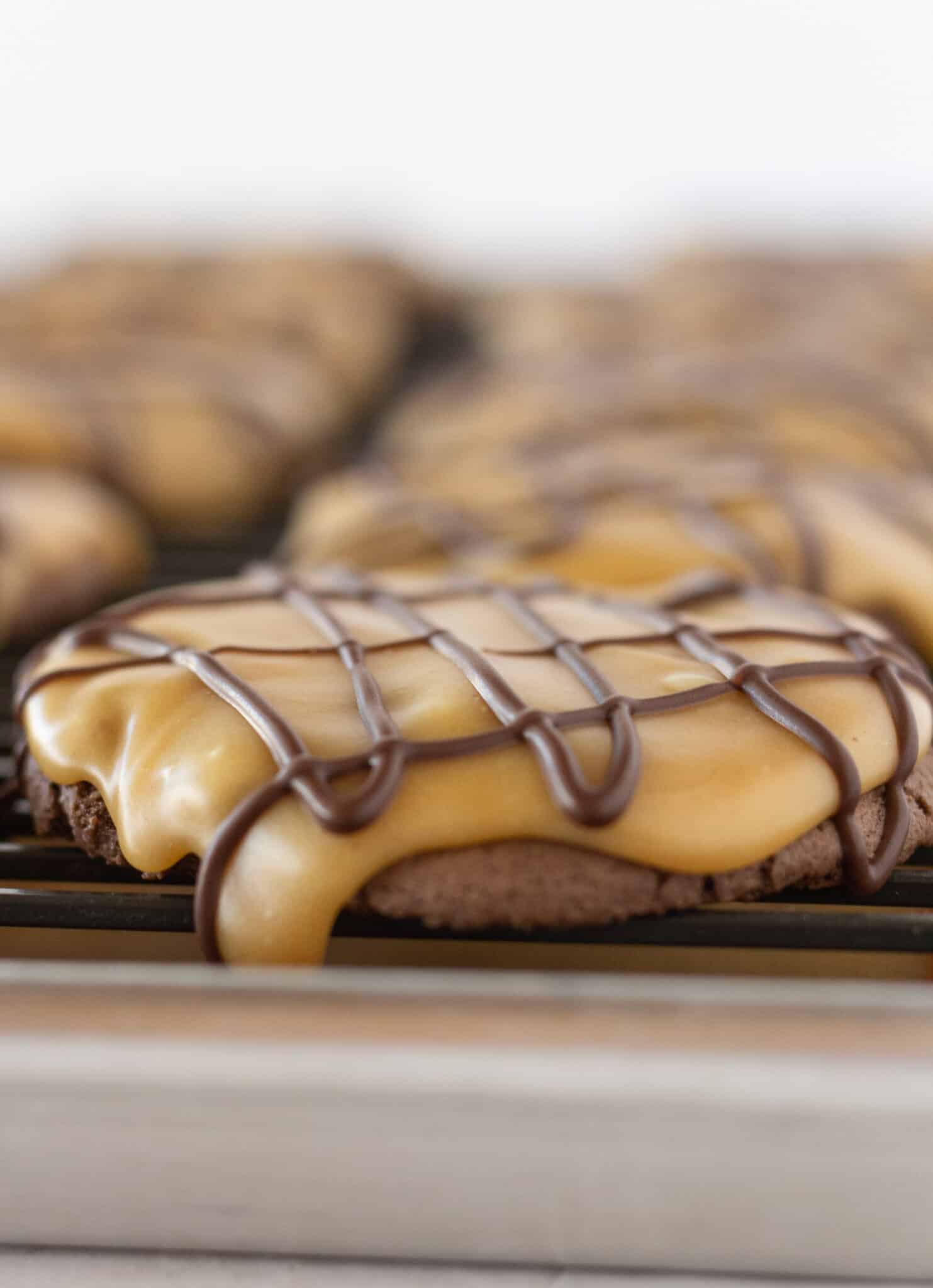 Easy Chocolate Peanut Butter Texas Sheet Cake Cookies with a cake mix, a recipe featured by top US cookies blogger, Practically Homemade