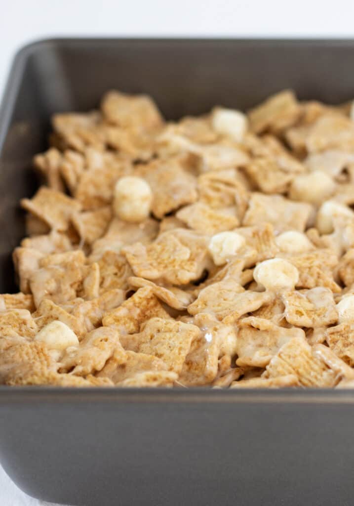 Cinnamon toast crunch bars ready to be sliced.