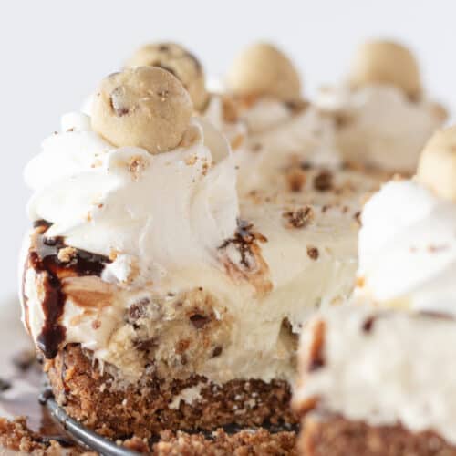 Eggless Cookie Dough Cheesecake Recipe featured by top US dessert blogger, Practically Homemade