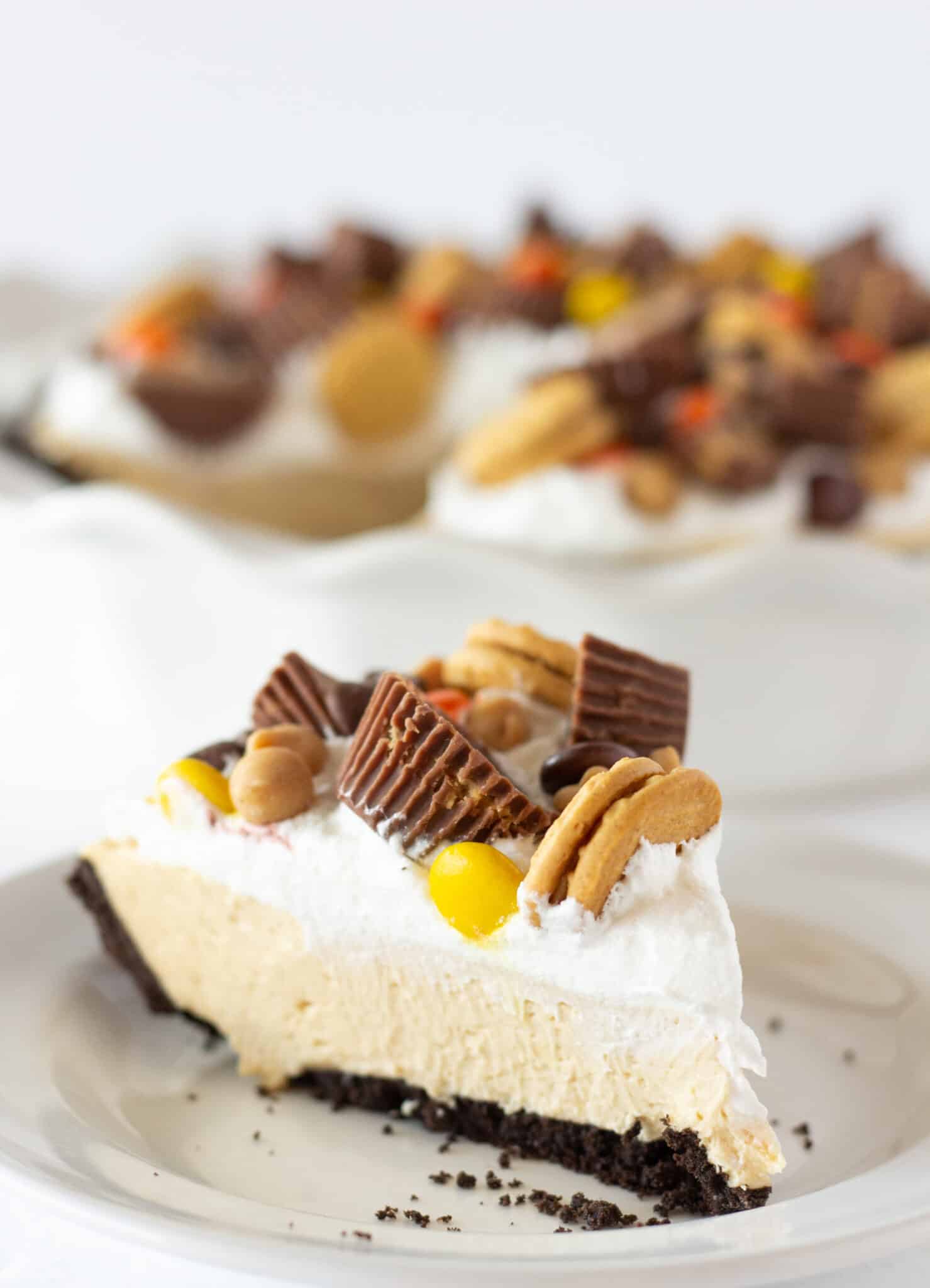 No Bake Peanut Butter Pie Recipe perfect for Thanksgiving, featured by top US dessert blogger, Practically Homemade