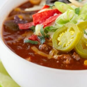 Easy Dinner Ideas: Crock Pot Taco Soup with Ground Beef featured by top US food blogger, Practically Homemade
