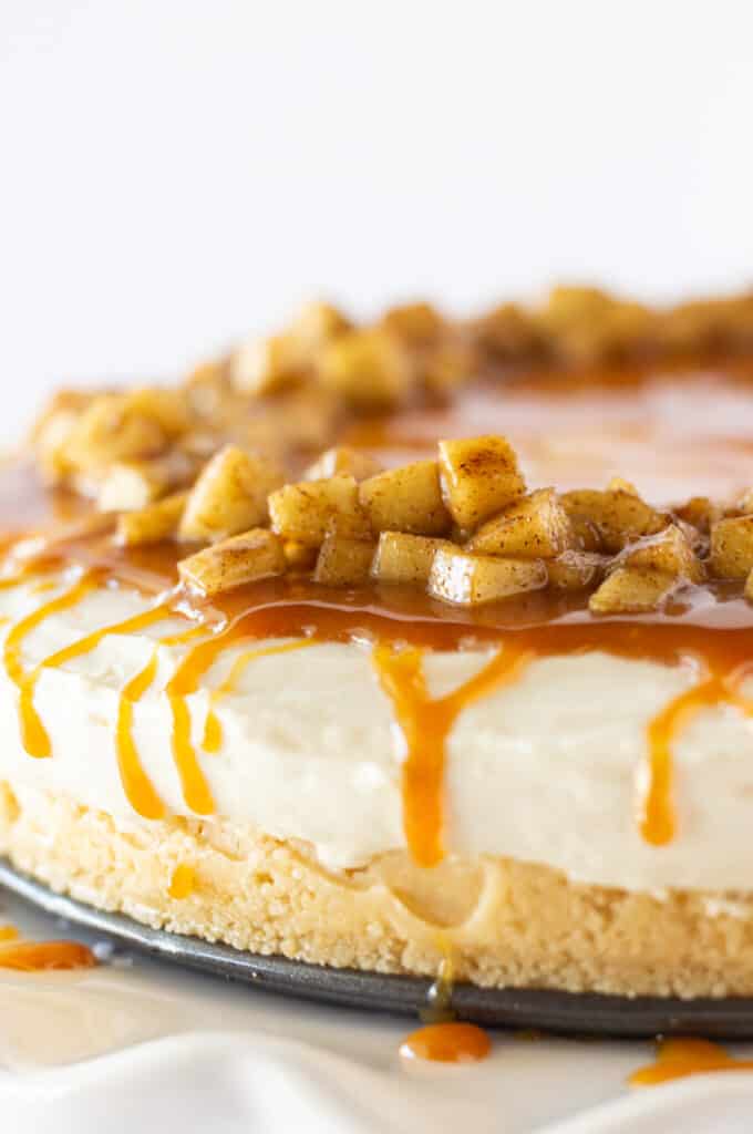 No Bake Caramel Apple Cheesecake, a Fall Dessert featured by top US recipe blogger, Practically Homemade