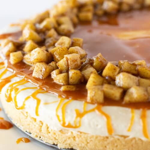 No Bake Caramel Apple Cheesecake, a Fall Dessert featured by top US recipe blogger, Practically Homemade