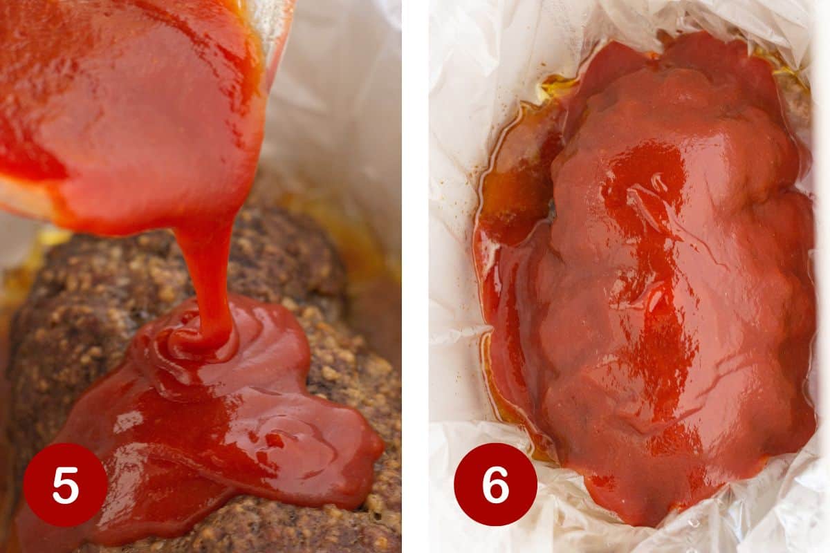 Photos of steps 5 & 6 of making a meatloaf in the crock pot.
