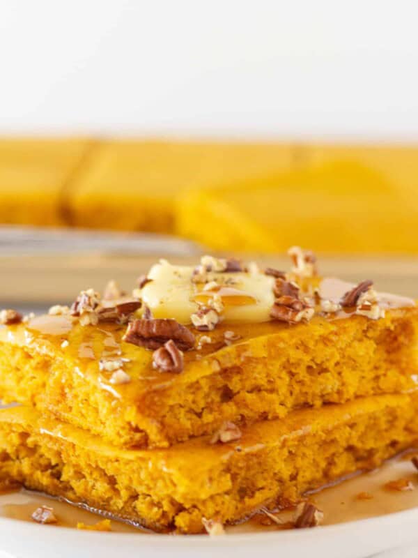 Pumpkin Sheet Pan Pancakes from Mix featured by top US food blogger, Practically Homemade