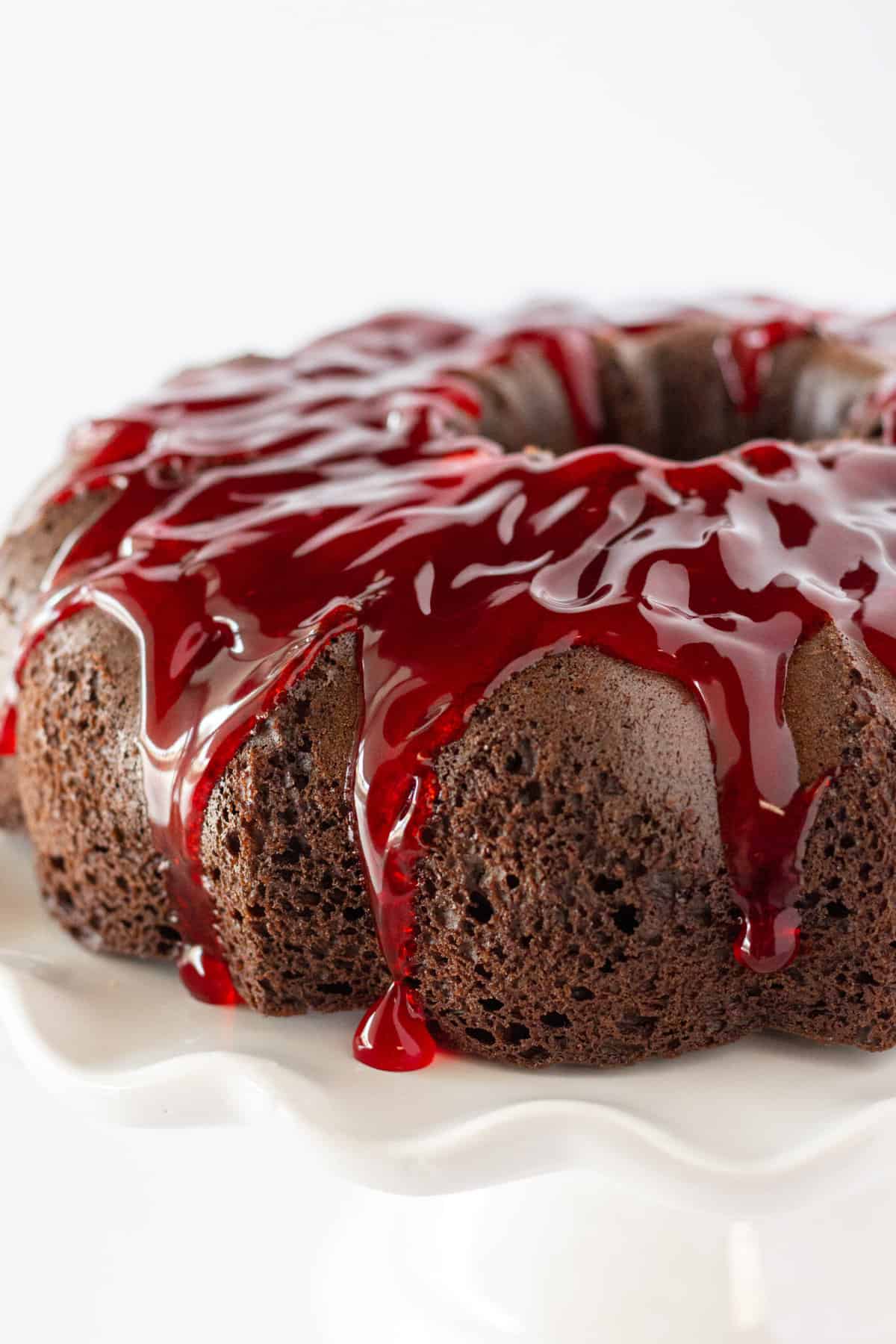 Cherry Cheesecake Chocolate Bundt Cake Recipe Made with a Cake Mix featured by top US dessert blogger, Practically Homemade