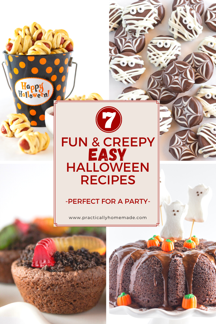 Collage of 4 recipes featured in 7 Fun & Creepy Easy Halloween Recipes Post.