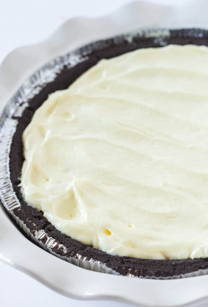 A banana cream pie with instant pudding in a chocolate crust.