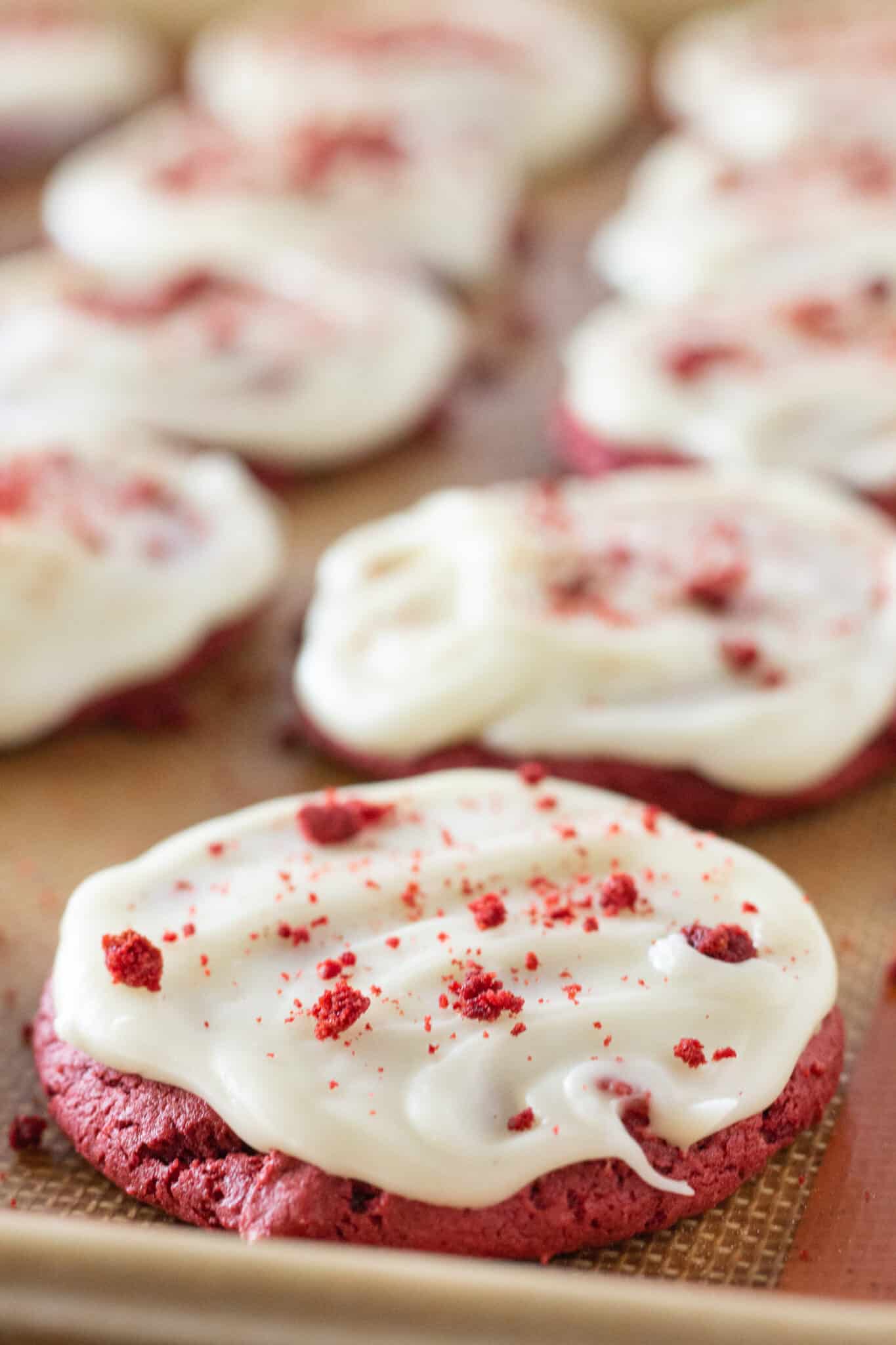 Red Velvet Sheet Cake Cookies Recipe with a Cake Mix by top US cookies blogger, Practically Homemade