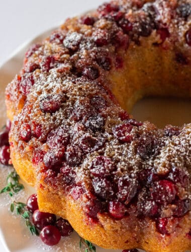 Easy Cranberry Upside Down Bundt Cake Recipe with a Cake Mix featured by top US dessert blogger, Practically Homemade