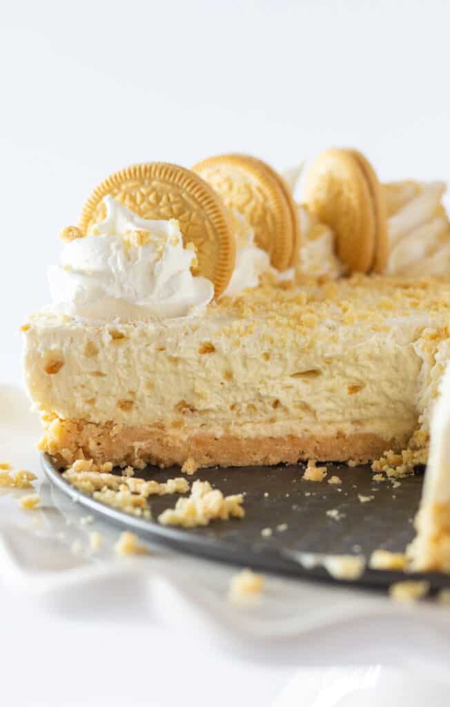 Golden Oreo No Bake Cheesecake Recipe featured by top US dessert blogger, Practically Homemade