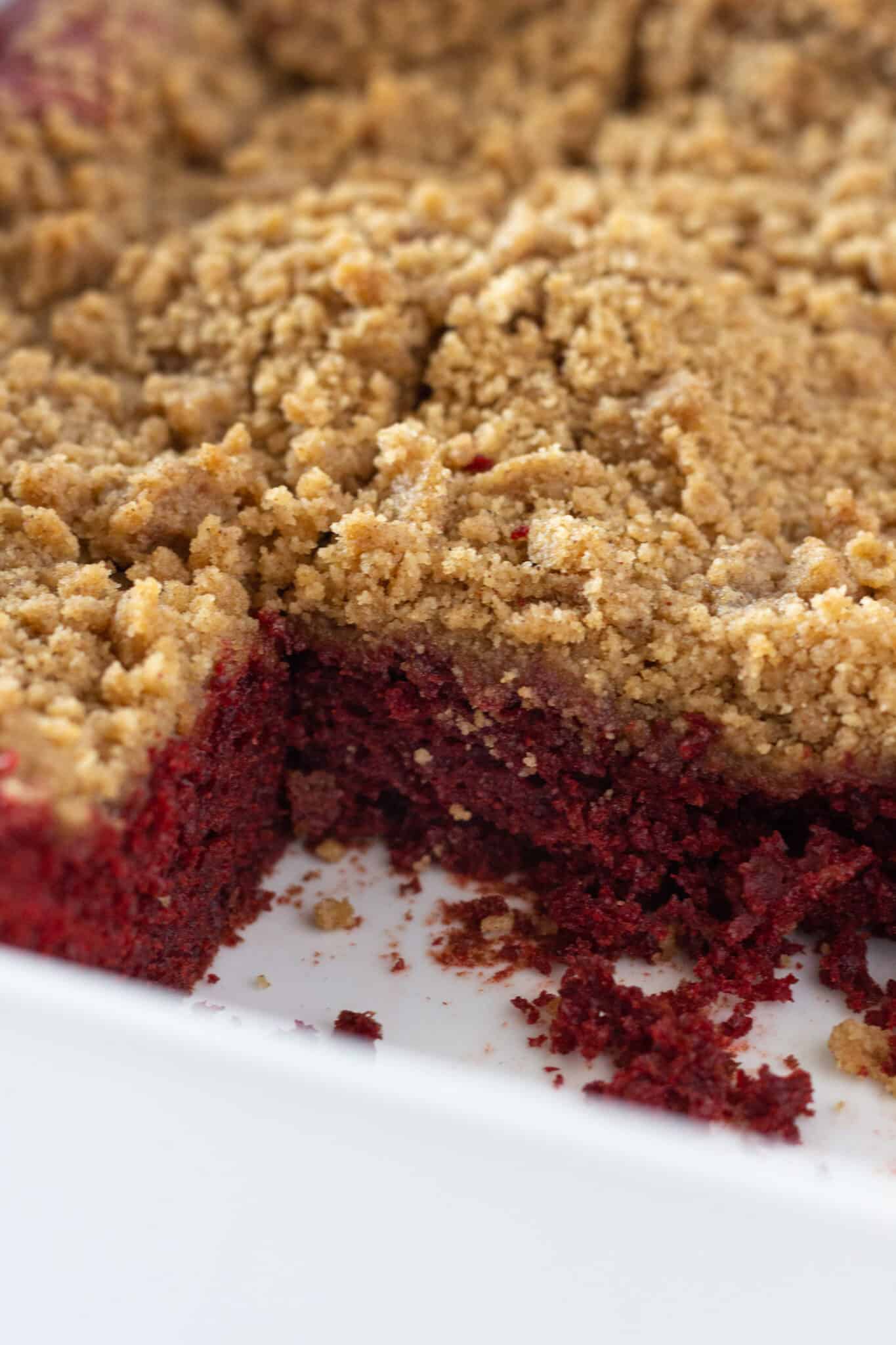 Easy Red Velvet Crumb Cake in a 9x13 pan.