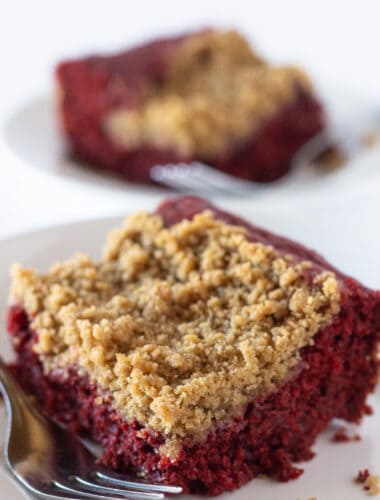 Easy Red Velvet Crumb Cake Recipe with a Cake Mix featured by top US dessert blog, Practically Homemade