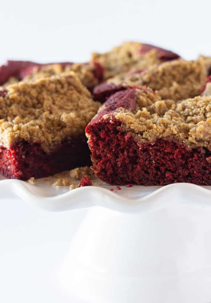 Easy Red Velvet Crumb Cake Recipe with a Cake Mix featured by top US dessert blog, Practically Homemade