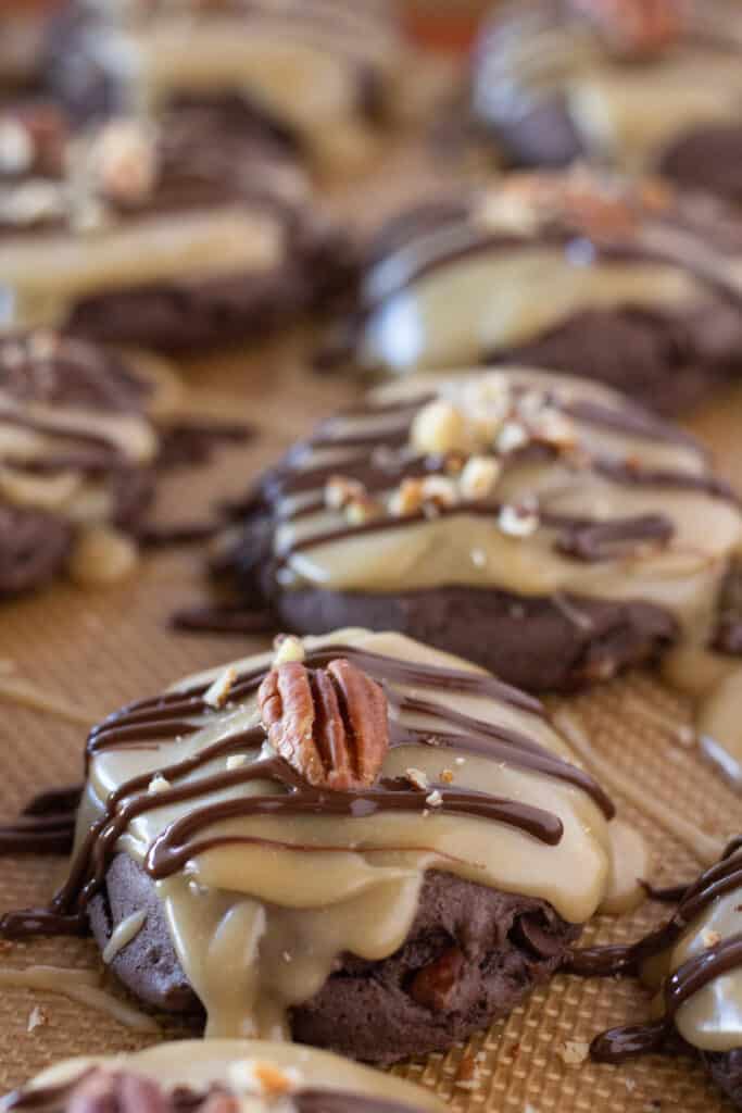 Easy Turtle Sheet Cake Cookies Recipe featured by top US cookie blog, Practically Homemade