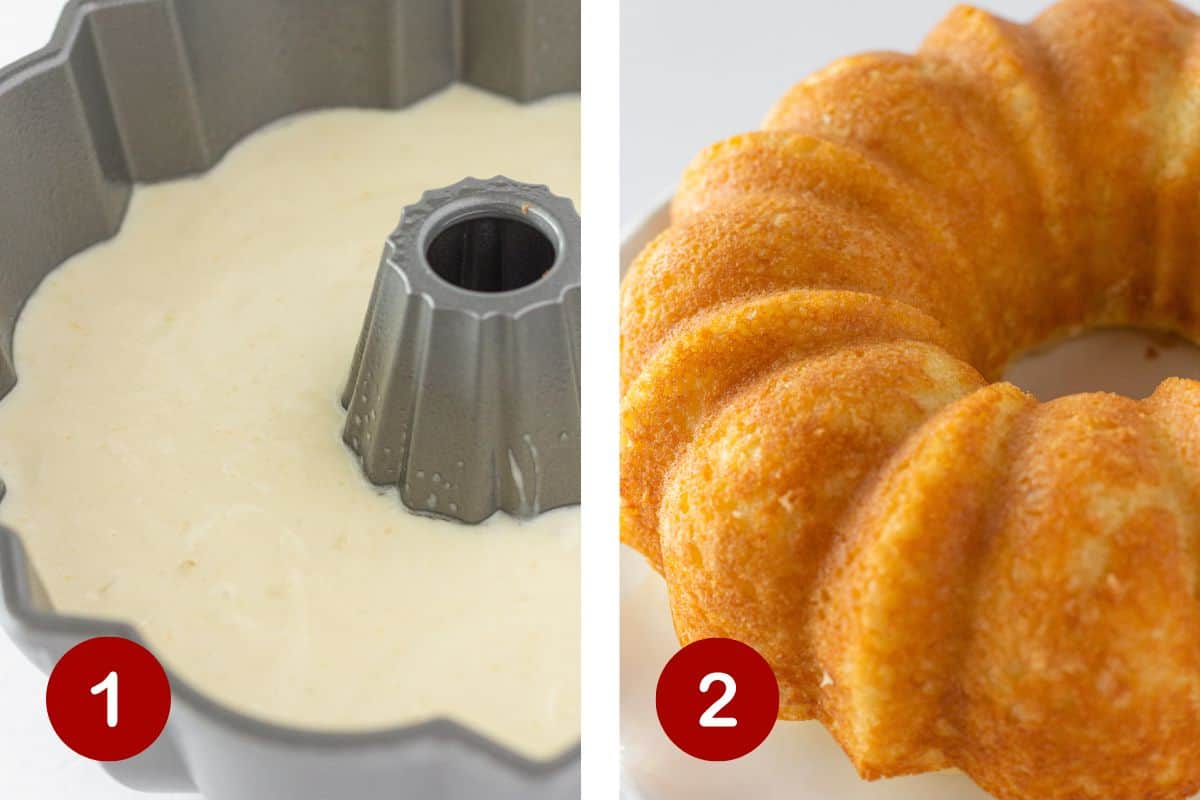 Pouring the cake batter into the bundt pan and baking it until golden brown.