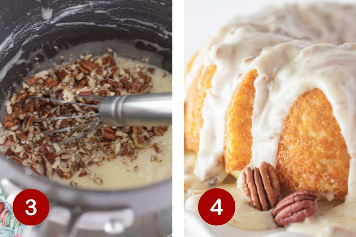 Making the pecan frosting and pouring it over the white sheet cake.