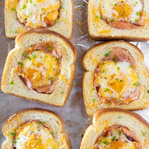 Sheet Pan Ham and Eggs in a Hole featured by top US food blogger, Practically Homemade
