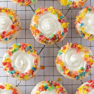 Fruity Pebbles Cookies recipe made with a cake mix, featured by top US cookies blog, Practically Homemade