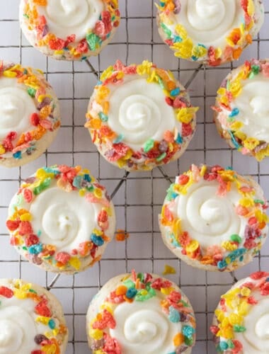 Fruity Pebbles Cookies recipe made with a cake mix, featured by top US cookies blog, Practically Homemade