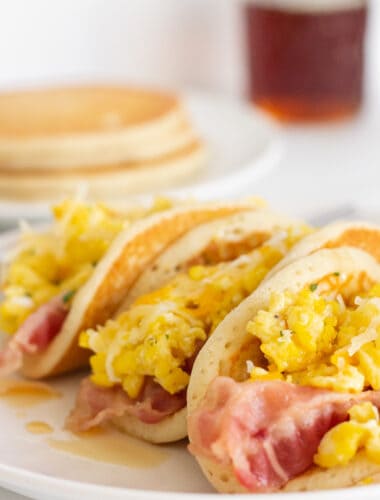 Easy Pancake Tacos, a breakfast recipe by top US food blogger, Practically Homemade