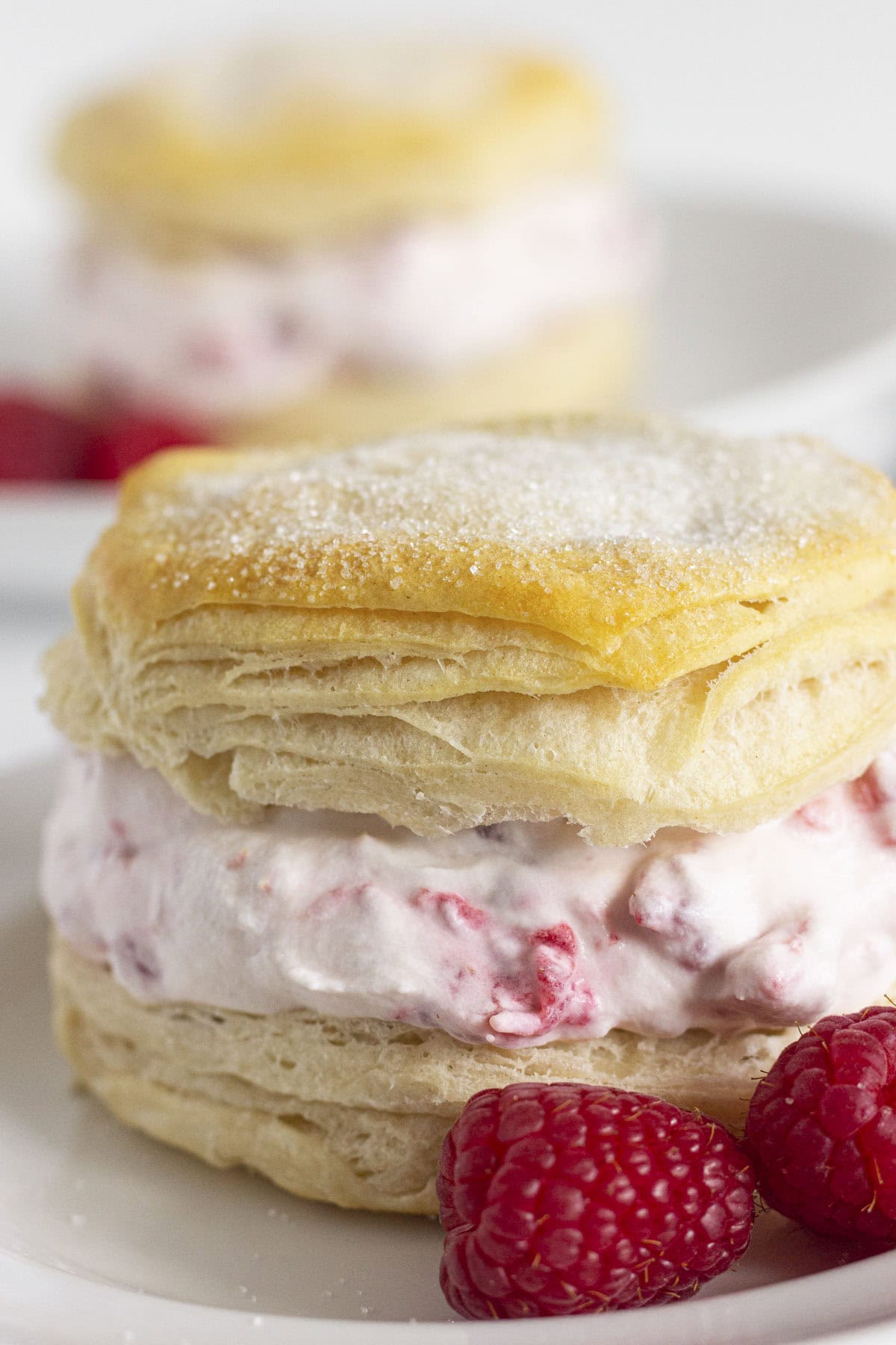 Two plates with raspberry shortcake on each one.