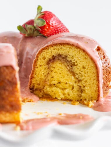 Easy Strawberry Lemonade Bundt Cake Recipe with a Cake Mix featured by Practically Homemade
