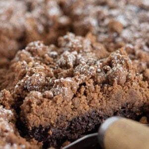 Serving a piece of chocolate crumb cake.