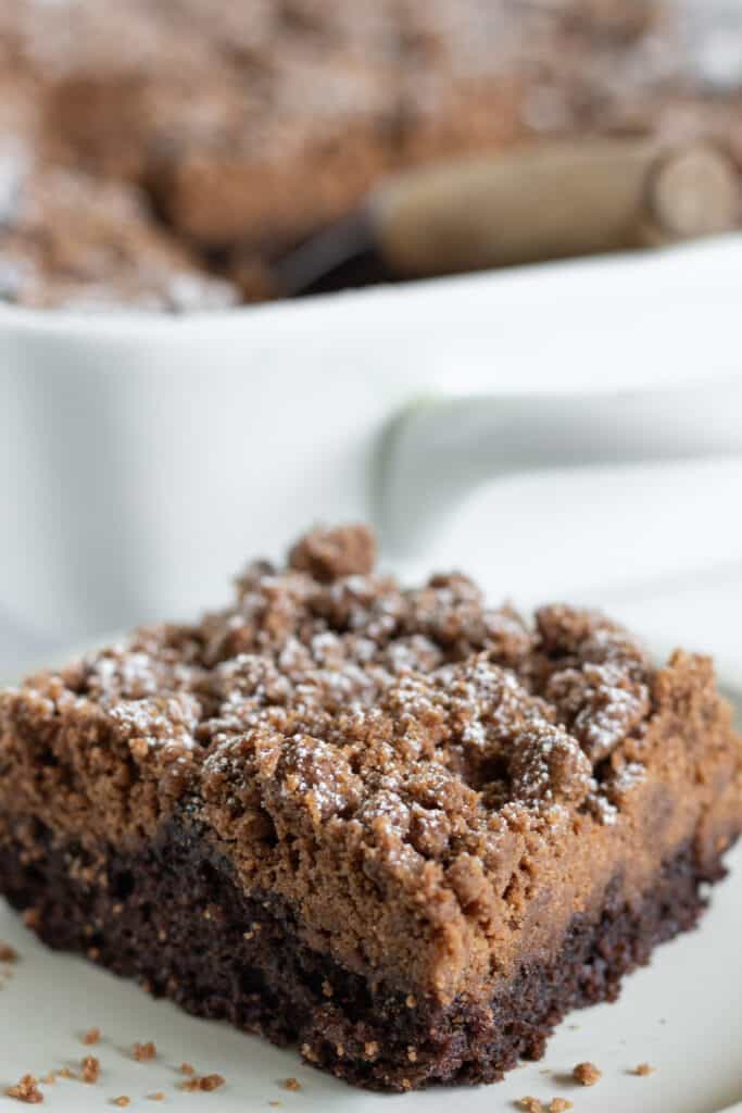 Easy Chocolate Crumb Cake Recipe with a Cake Mix featured by top US dessert blog, Practically Homemade