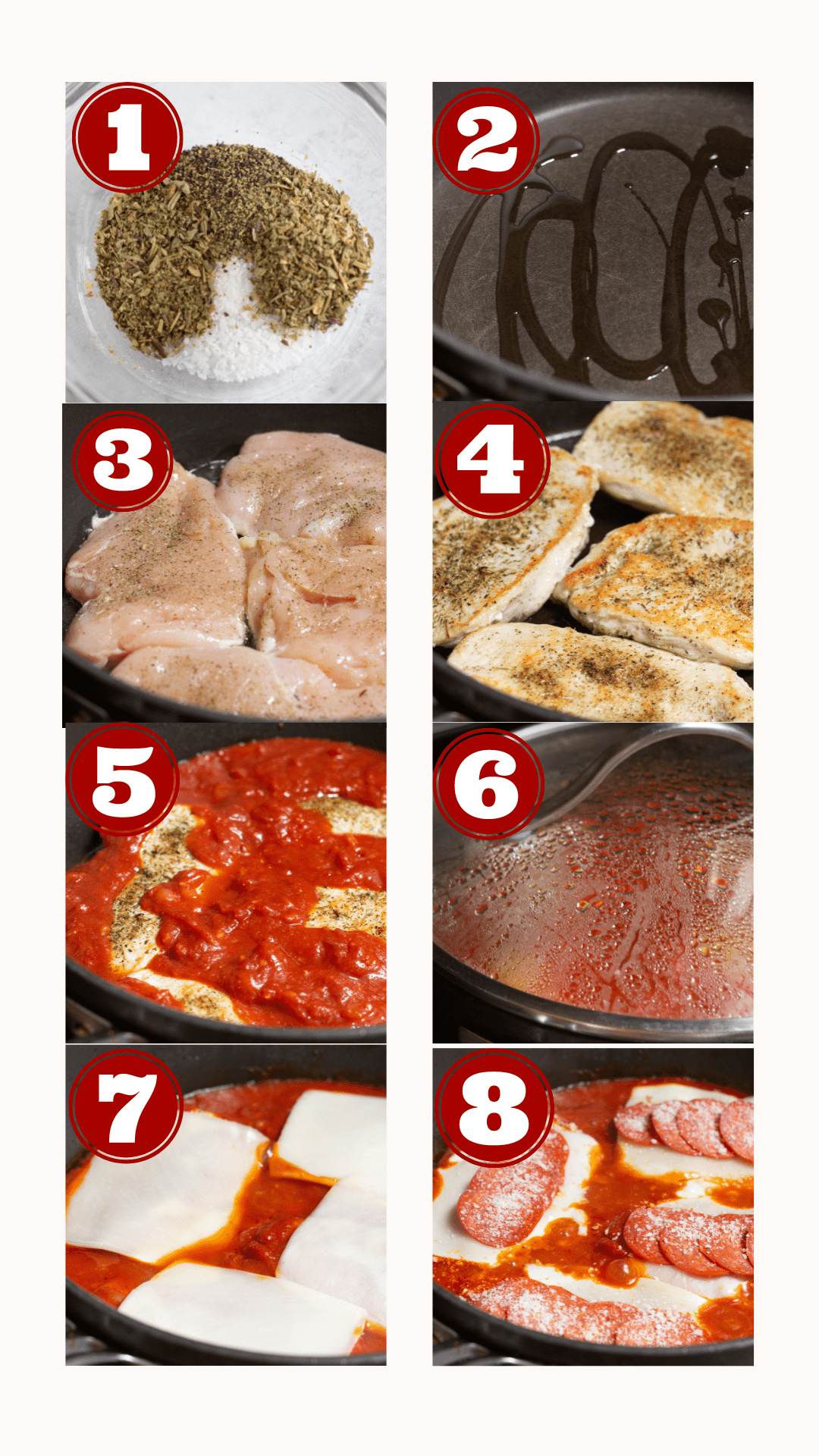 8 steps for making pepperoni pizza skillet.