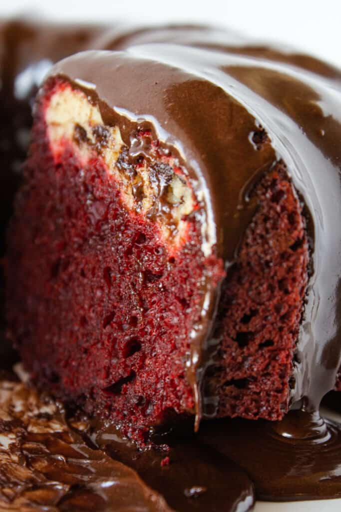 Best Bundt Cakes: Red Velvet Black Bottom Bundt Cake recipe featured by Practically Homemade
