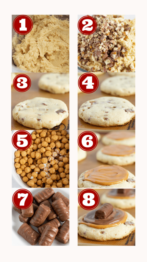 Steps for making Easy Copycat Crumbl Twix Cookies With a Cake Mix recipe, by Top US cookie blog Practically Homemade