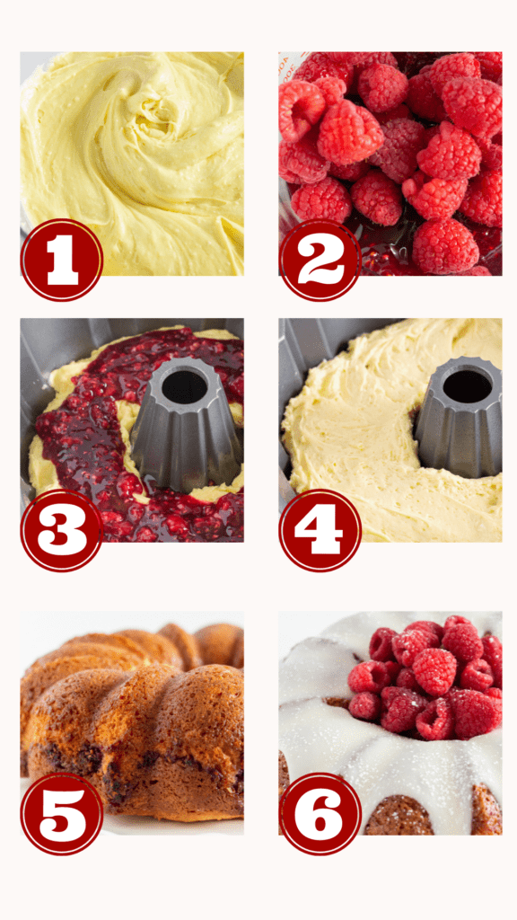 Steps for making Easy White Chocolate Raspberry Bundt Cake Recipe, by Top US dessert blog Practically Homemade