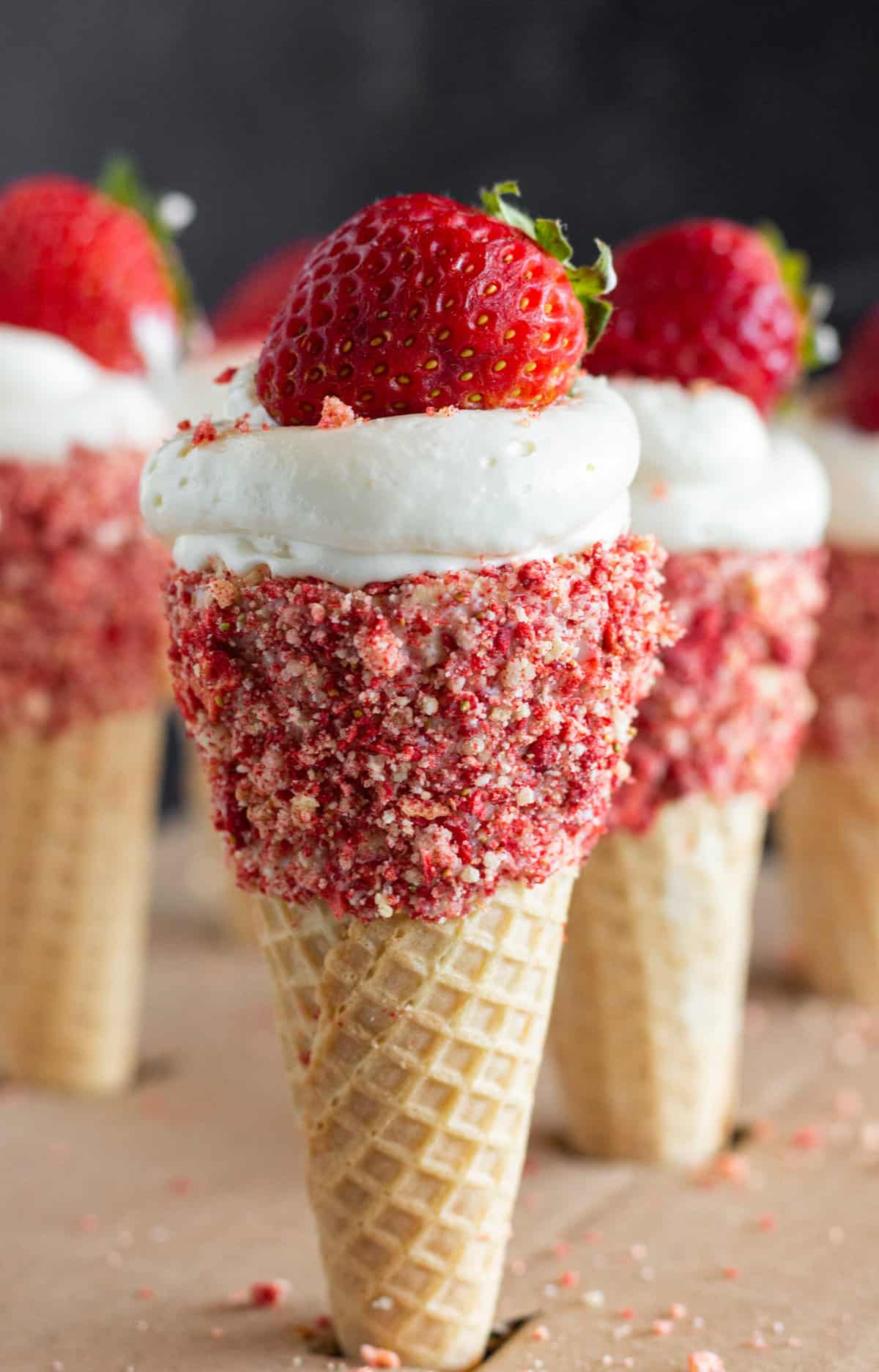 Strawberry Crunch No Bake Cheesecake Cones, by Top US dessert blog Practically Homemade