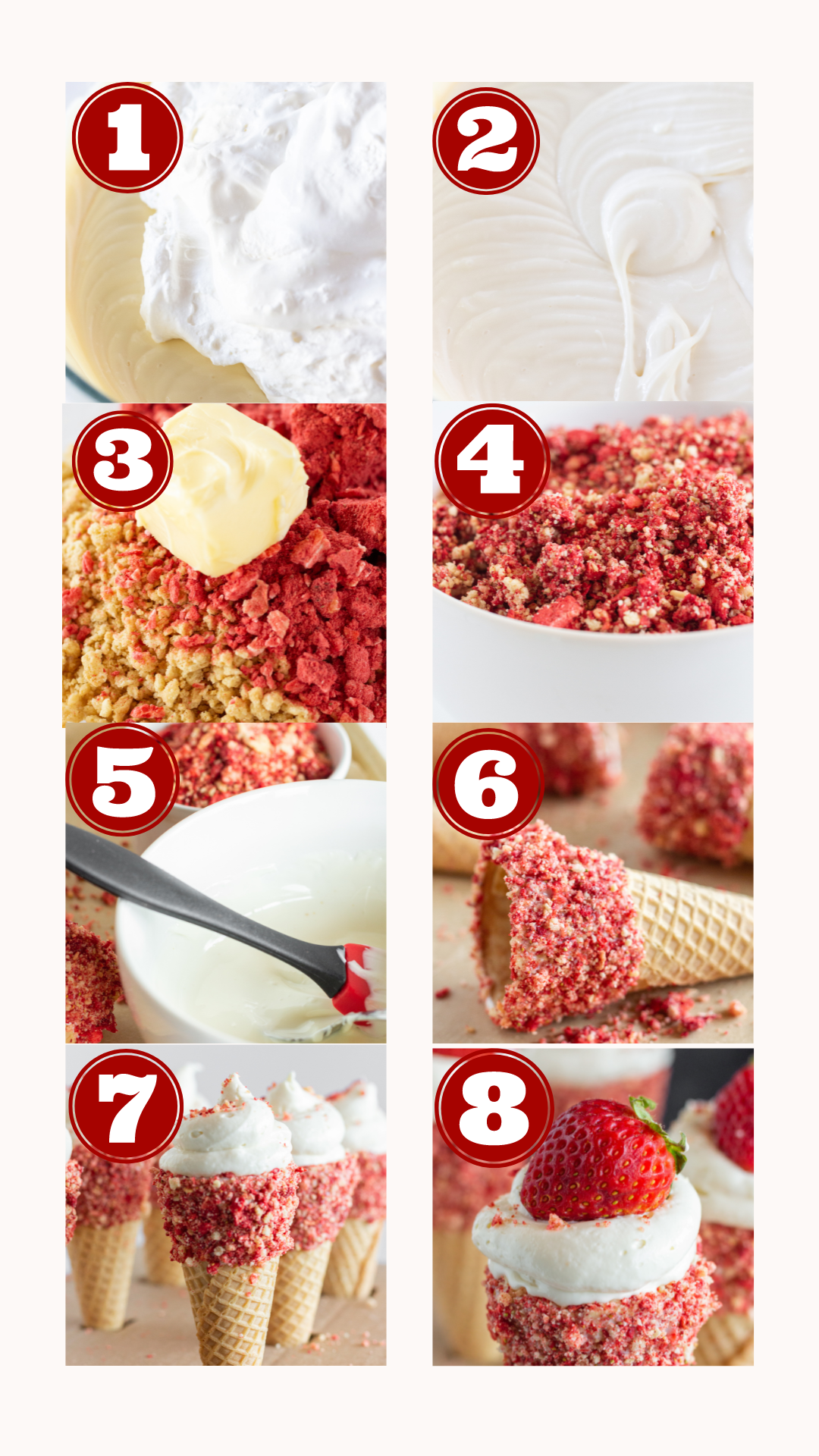 Steps for making Strawberry Crunch No Bake Cheesecake Cones, by Top US dessert blog Practically Homemade