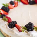 A whole no bake vanilla cheesecake with fresh fruit.