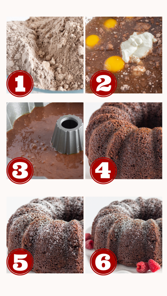 6 step by step photos of how to make a Chocolate Brownie Cake.