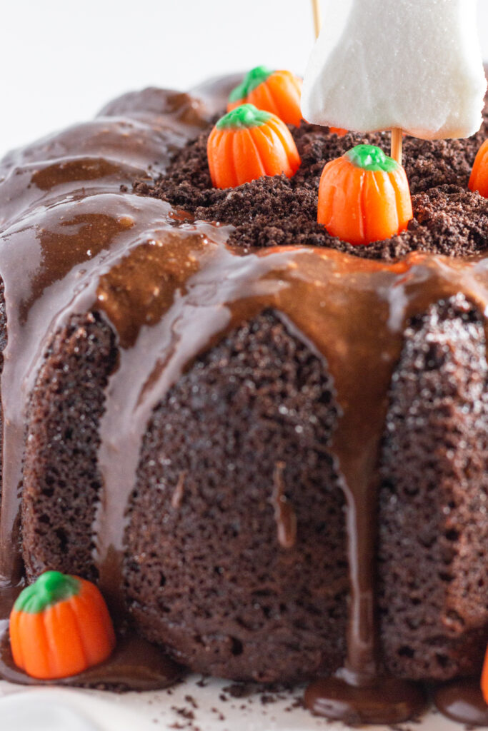 Close up photo of the top of the Halloween Bundt Cake showing the candy pumpkins.