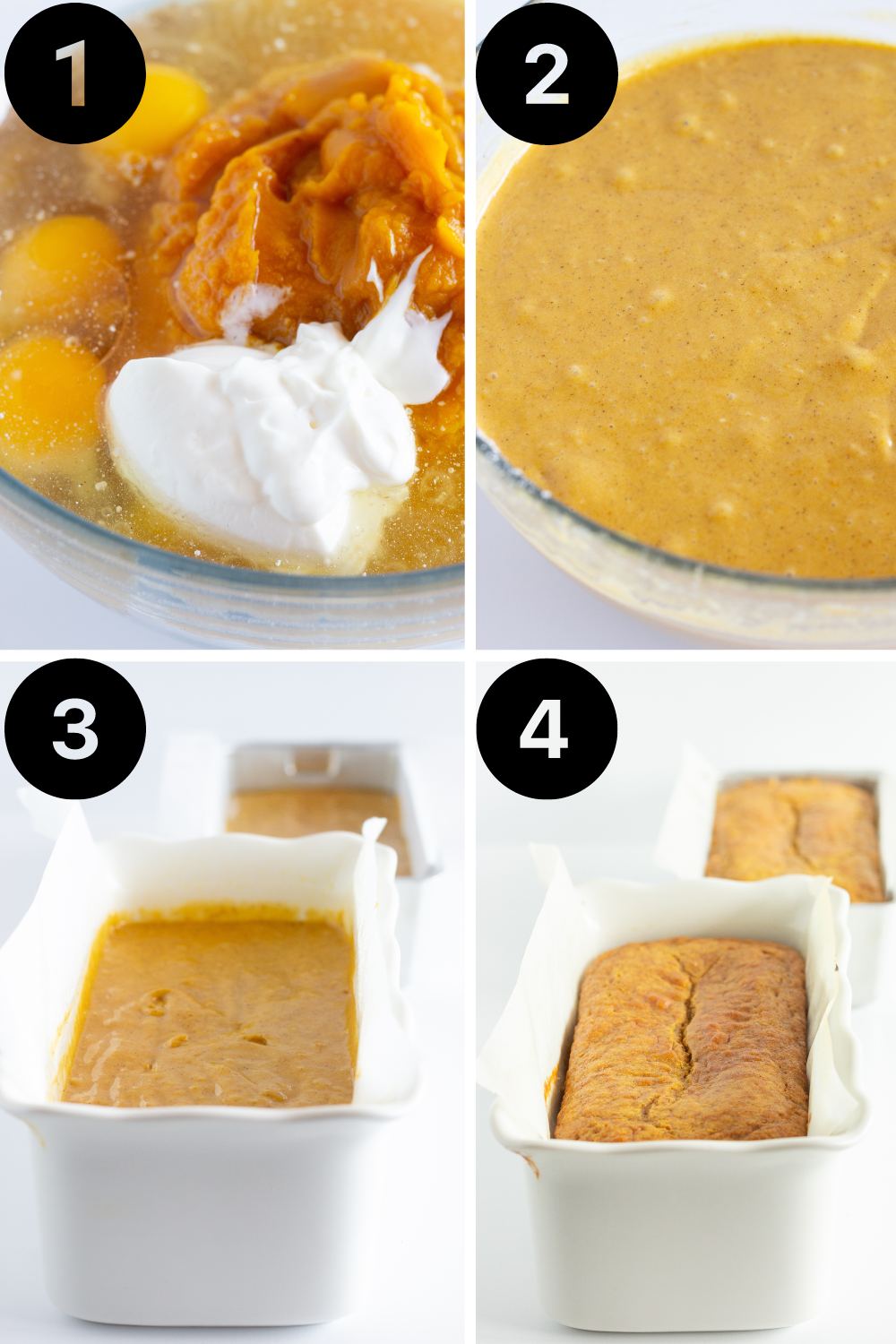 Four step by step photos of how to make pumpkin bread with a cake mix.